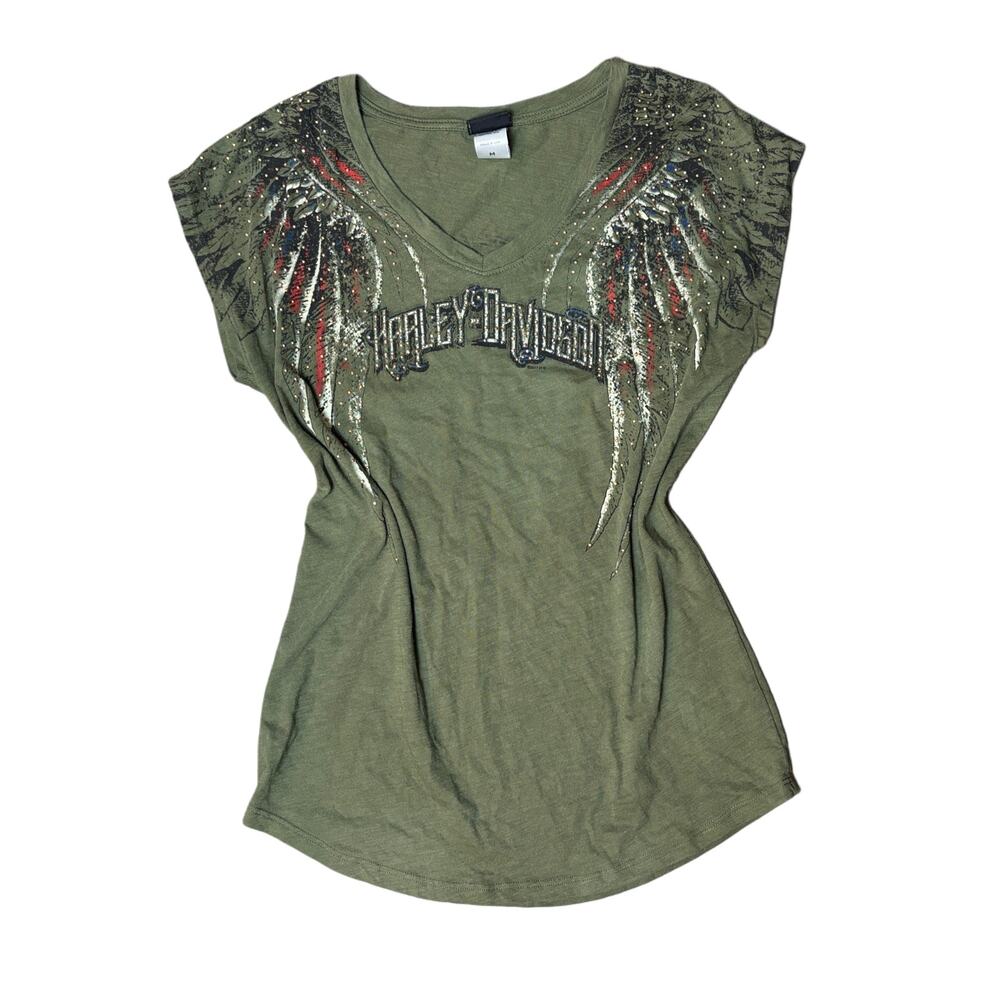 Harley Davidson Womens Shirt Olive Green Rhinestone Studded Wings M - Picture 2 of 7
